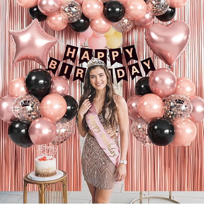Rose Gold Birthday Decorations - Black & Rose Gold Balloons, Happy Birthday Banner, Sash, Cake Topper, Fringe Curtain & Foil Balloons for Girls' Party Supplies