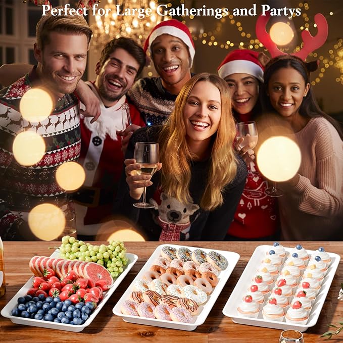 Extra Large Serving Tray Melamine Plastic for Party Supplies, 17" x 8.6" Platters for Serving Food, 3 pcs White Reusable Tray for Veggie, Snack, Fruit, Cookies, Desserts in Kitchen/Pantry Organization