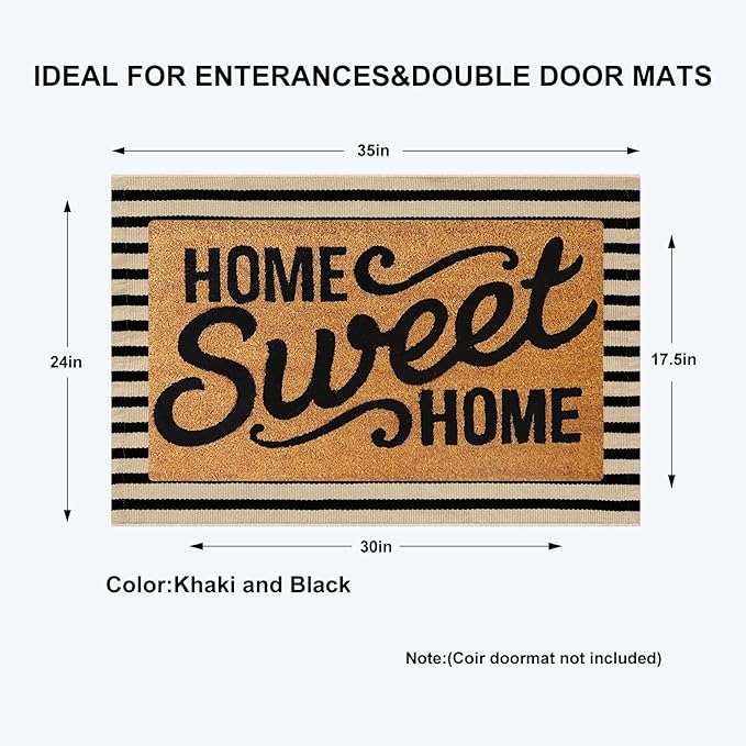 KIMODE Fall Front Door Mats 24"x35", Washable Halloween Porch Decor, Farmhouse Striped Layered Doormat Outdoor, Black and Khaki Cotton Woven Autumn Rugs for Entryway Kitchen Thanksgiving