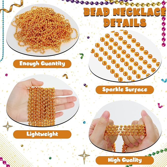24 PCS Mardi Gras Beads Necklaces, Orange Mardi Gras Party Favors, 33" Metallic Color Round Beaded Costume Necklaces for Parade Throws, Beaded Accessory Set for Carnival Holiday Events