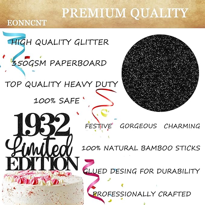 Limited EDITION 1932 Cake Topper - Black Glitter Happy 93rd Birthday Party Cake Decoration Supplies, Cheer to 93 Years Cake Bunting Decor for 93rd Birthday Party Photo Booth Props