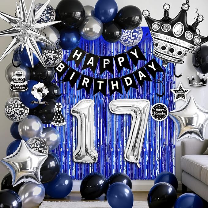 17th Birthday Decorations for Boys and Girls, Black Blue Silver Happy Birthday Number 17 Balloons, Banner, Fringe Curtains Garland Kit - 17 Year Old Party Supplies