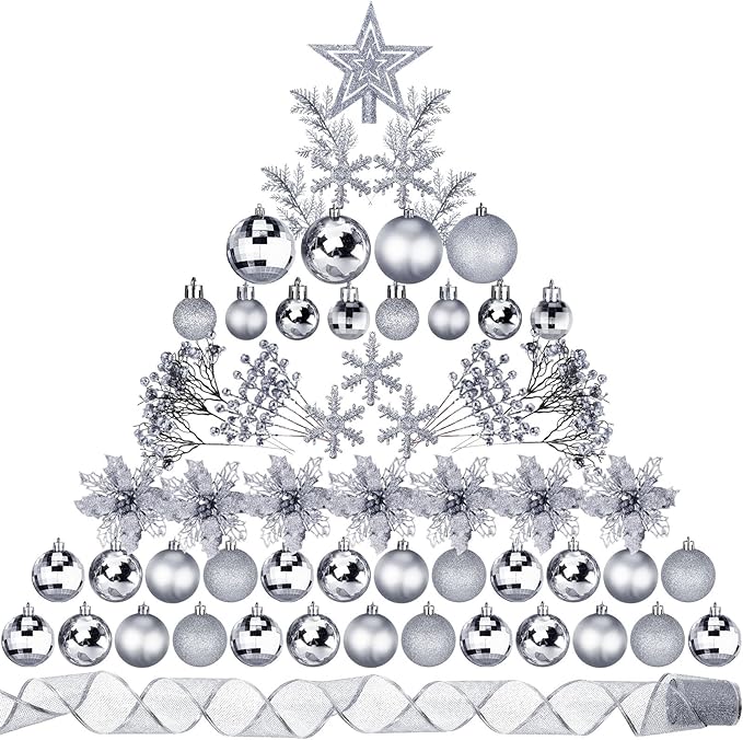 Sratte 94 Pcs Christmas Tree Decorations Set, Christmas Tree Ball Ornaments Glitter Poinsettia Flowers Decorations Glitter Berries Stems for Xmas Holiday Wedding(Silver)