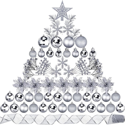 Sratte 94 Pcs Christmas Tree Decorations Set, Christmas Tree Ball Ornaments Glitter Poinsettia Flowers Decorations Glitter Berries Stems for Xmas Holiday Wedding(Silver)