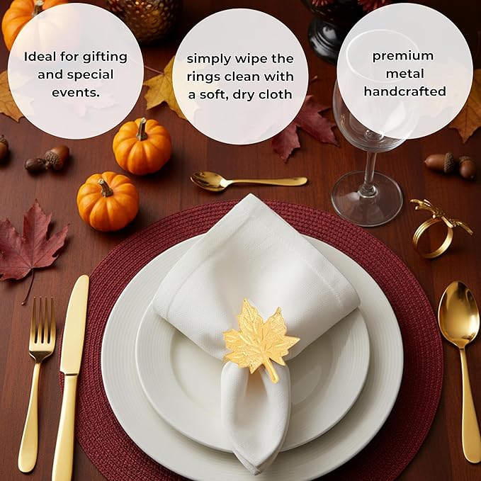 Set of 12 Maple Leaf Napkin Rings - Handcrafted Aluminum Napkin Holders for Cloth & Paper Napkins, Elegant Table Décor for Wedding Receptions Thanksgiving Christmas Holiday Parties (Gold) CLEENTABLE