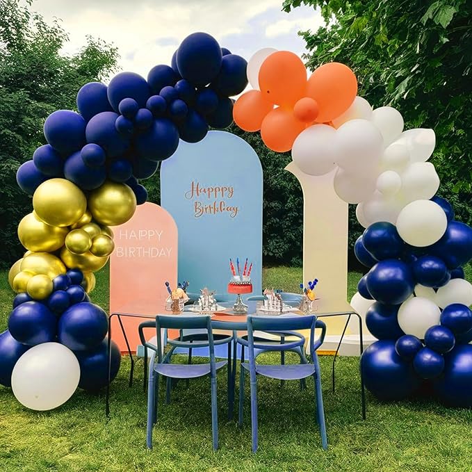 Orange and Blue Balloon Arch Kit, 120 Pcs Navy Royal Dark Blue Gold Orange Balloons Garland Kit with 4D Star Chrome Latex Balloons for Graduation Class of 2025 Thanksgiving Party Decorations