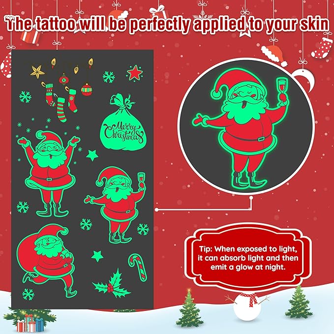 12 Sheets Christmas Party Favors, Luminious Christmas Tattoos, Glow in The Dark Xmas Tattoos for Kids, Xmas Tattoos Stickers, Bulk Xmas Holiday Ugly Sweater Party Supplies Accessories
