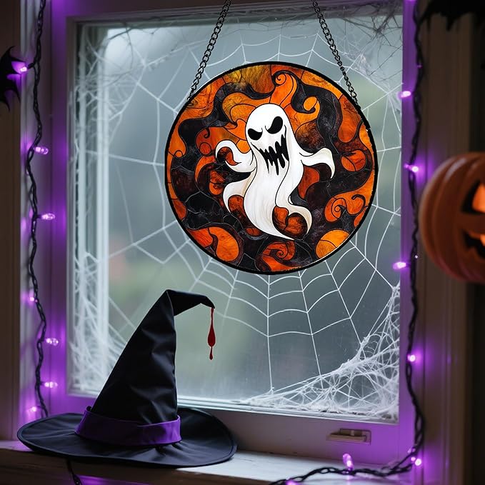 Stained Glass Window Hanging - Halloween White Ghost Suncatcher for Doors Window Garden Indoor Spooky Funny Orange Sun Catchers Gothic Decor Horror Gifts for Women Men Friend 9.8 in