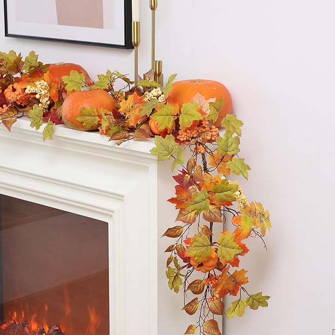 MIZII Fall Decor Artificial Maples Leaf Pumpkin Garland 6FT Autumn Maple Vines Garland Thanksgiving Halloween Harvest Decorations for Home Porch Mantle Fireplace Farmhouse Outdoor Indoor (6FT,Maple)