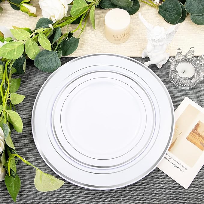 FLOWERCAT 60PCS Silver Plastic Plates - Heavy Duty White and Silver Plastic Plates Disposable - Include 30PCS 10.25inch Dinner Plates and 30PCS 7.5inch Dessert Plates for Wedding&New Year&Christmas
