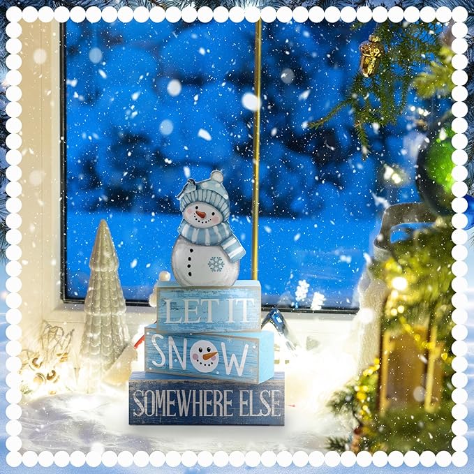 4 Pcs Snowman Christmas Table Decorations Winter Tiered Tray Decor Christmas Centerpiece Rustic Blue and White Decorative Snowman Block Sign Gift for Winter Wonderland Party Home Kitchen