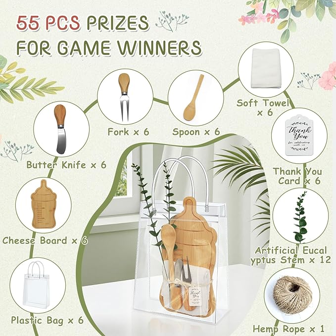 AZEAM 55Pcs Baby Shower Prizes for Game Winners, Bridal Shower Prizes with 6 Sets Bottle Cheese Board Spoon Fork Butter Knife Towel Card Plastic Bag Branch, Wedding Shower Favors for Guests