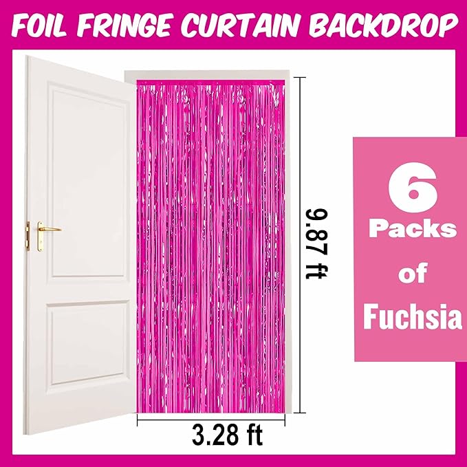 6 Pack Fuchsia Foil Fringe Curtains Backdrop, 3.28 x 9.8 Ft Metallic Streamers Tinsel Curtains Background for Photo Booth, Birthday, Halloween, Christmas, Thanksgiving, New Year Party Decorations