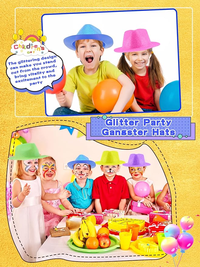 24 Pcs Neon Party Hats Bulk Plastic Fedora Party Hats Glitter Party Gangster Hats for Adult Kids Party Supplies