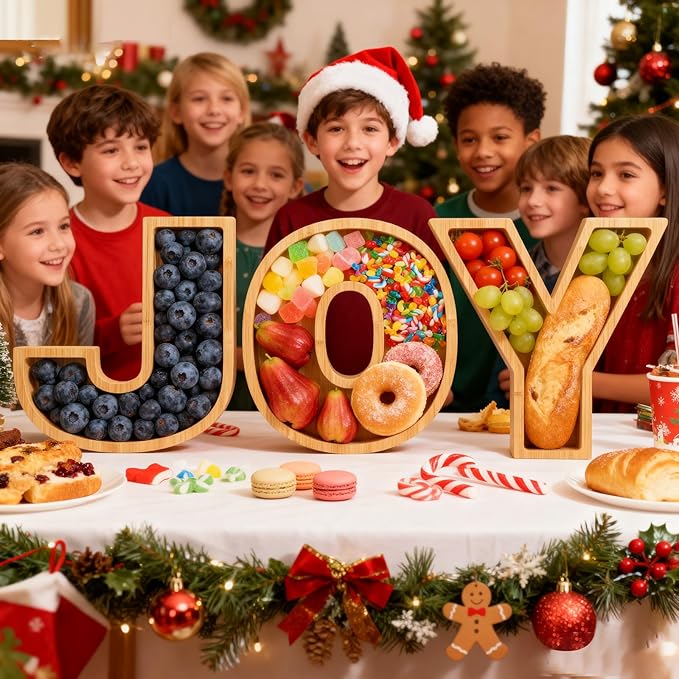 5 Packs Christmas Serving Platter Joy Charcuterie Board Bamboo Fruit Serving Tray Letters for Food with 2 pcs Sauce Dishes for Christmas Party Snack Serving