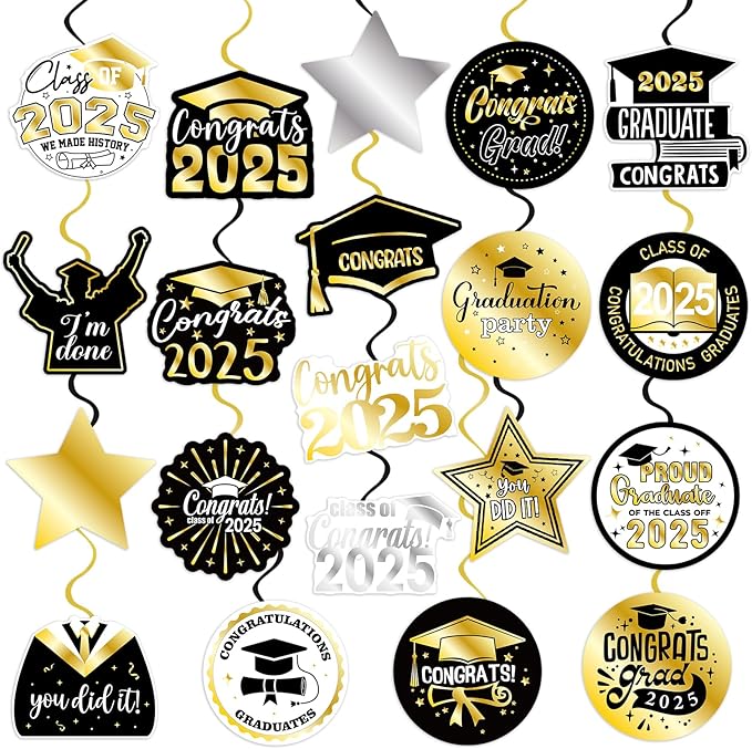 40Pcs Graduation Party Hanging Swirl Decorations, Black Glod Class of 2025 Congrats Grad Hanging Swirls Ceiling Decorations for 2025 Graduation Party Decor Supplies