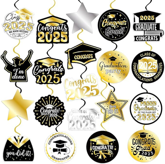 40Pcs Graduation Party Hanging Swirl Decorations, Black Glod Class of 2025 Congrats Grad Hanging Swirls Ceiling Decorations for 2025 Graduation Party Decor Supplies