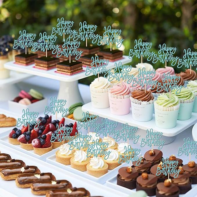 24 PCS Happy Birthday Cupcake Toppers Glitter Picks for Celebrating Anniversary Theme Party Cake Decorations Supplies Light Blue