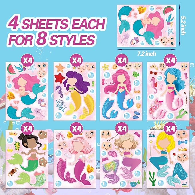 Make a Face Stickers - 32 Mermaid Sheets for Girls - Mermaid Birthday Party Favors - Kids Travel & Car Activities