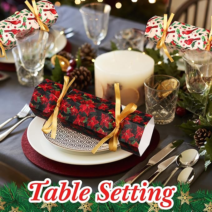 Xinnun 50 Packs Christmas Cracker Kit No Snap Xmas Party Table Favors Snowflake Reindeer DIY Christmas Party Cracker Candy Boxes for Holiday Dinner Decoration Gift (Poinsettia Style)