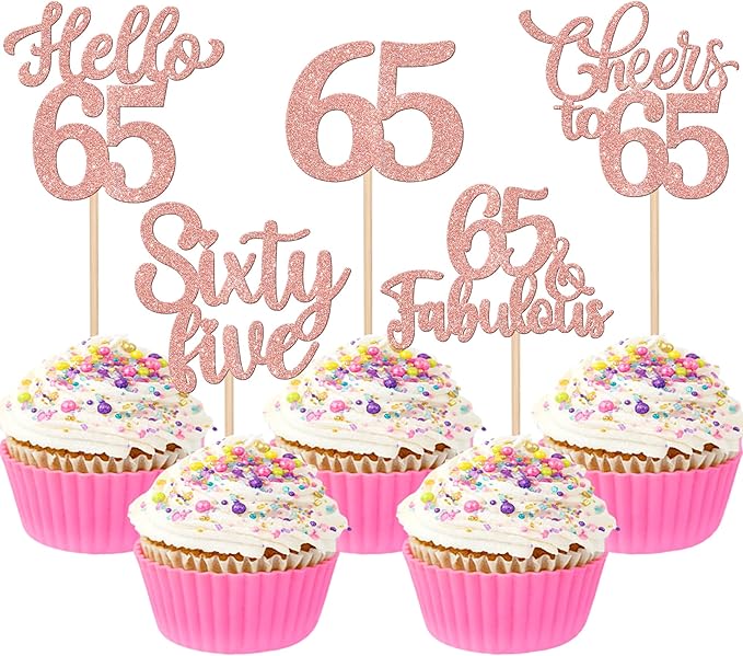 30PCS Happy 65th Birthday Cupcake Toppers Glitter Hello 65 Fabulous Sixty Five Cheers to 65 Years Old Birthday Cupcake Picks for Happy 65th Birthday Anniversary Party Cake Decor Supplies Rose Gold