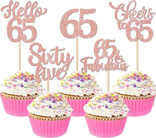 30PCS Happy 65th Birthday Cupcake Toppers Glitter Hello 65 Fabulous Sixty Five Cheers to 65 Years Old Birthday Cupcake Picks for Happy 65th Birthday Anniversary Party Cake Decor Supplies Rose Gold