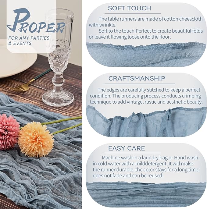 10 Pack Cheesecloth Gauze Table Runners, 10ft x 35" Rustic Boho Dusty Blue Wedding Table Runner Decor Cloth for Wedding Party Bridal Shower