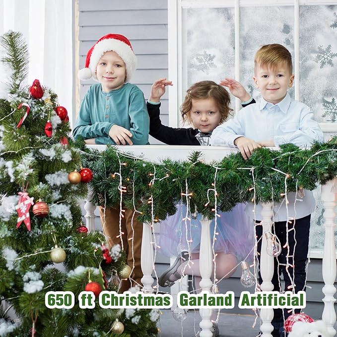 Hotop 10 Pcs 650 FT Christmas Garland Bulk Decorations Artificial Pine Garland for Christmas Xmas Greenery for Mantle Table Fireplace Tree Stairs Railing Door Holiday Decoration Supplies