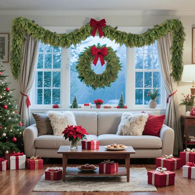 2 Pcs 6ft Real Touch Christmas Cedar Garland - Artificial Soft and Thickness Faux Green Full Cedar Pine Needles Garland for Fireplace Mantel, Table, Doorframe, Indoor Outdoor Xmas Holiday Decorations