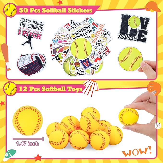 Gifts2U Softball Party Favors, 146 Pcs Softball Goodie Bags Stuffers with Charm Bracelet, Stress Balls, Stickers, Keychain and Softball Accessories, Gifts Bulk for Team Girls Birthday Party.