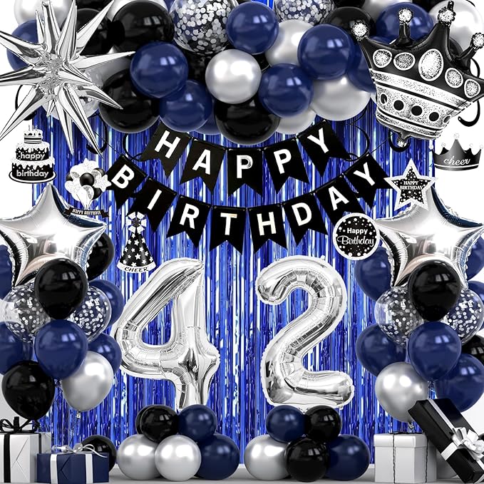 42nd Birthday Decorations for Men and Women, Black Blue Silver Happy Birthday Number 42 Balloons, Banner, Fringe Curtains Garland Kit - 42 Year Old Party Supplies