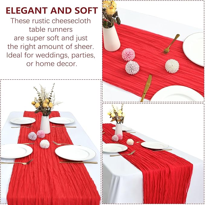 6 Pack Christmas Table Runner Red Cheesecloth Table Runner 10FT Boho Gauze Fabric 35 x 120 Inch Rustic Sheer Runner for Centerpiece Wedding Decor Baby Shower Party Holiday Decoration