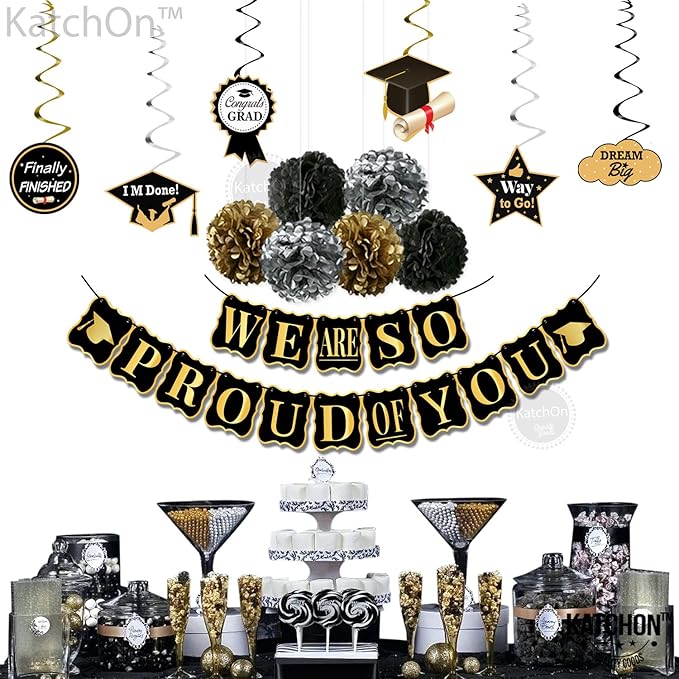 KatchOn, Black and Gold Graduation Party Decorations 2025 - Pack of 34 | We Are So Proud of You Banner | Grad Hanging Swirls with Pomp Poms for 2025 Grad | Graduation Decorations 2025