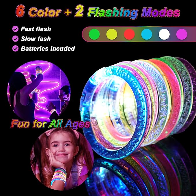 90 Pack Glow Bracelets, Glow in the Dark Party Supplies, 6 Color LED Light Up Bracelets for Adults & Kids Birthday Party Favors, Concert, New Year, Carnival, Raves