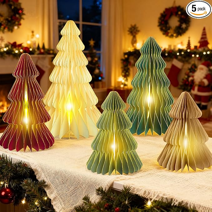 5Pcs Christmas Table Decorations Indoor, 3D Honeycomb Paper Christmas Trees, Light Up Green Red Beige Vintage Table Centerpieces for Christmas Winter Wonderland Holiday Party Home Decor, 8/10/12 Inch
