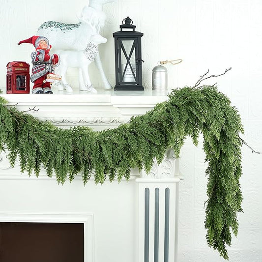 16ft Christmas Garland Realistic Soft and Thickness Green Faux Cedar Pine Garland Artificial Cedar Cypress Garland for Home Fireplace Wall Indoor Outdoor Holiday Party Home Decoration
