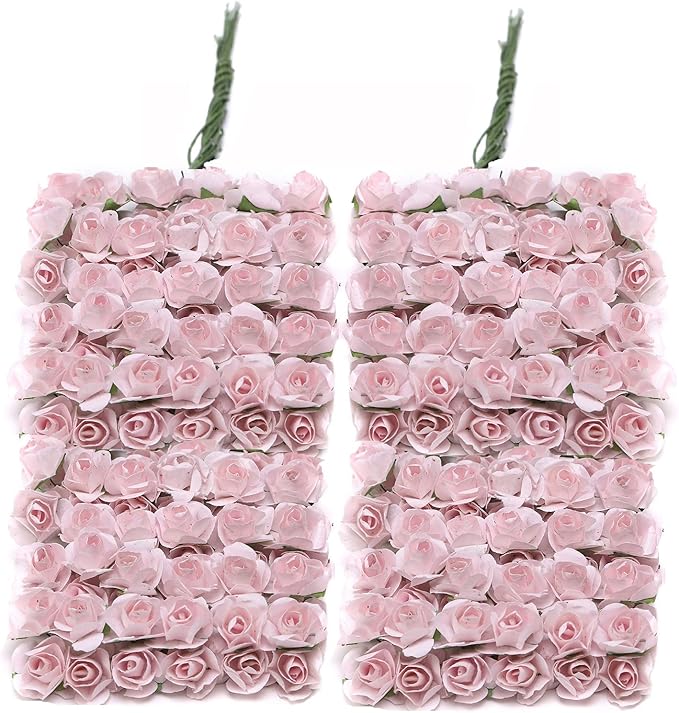 144pcs Mulberry Paper Mini Roses Artificial Flowers Heads with Stems for DIY Crafts Accessories Make Bridal Hair Clips Headbands Dress Wedding Bridal Bouquets Party Home Decor Valentine's (Light pink)