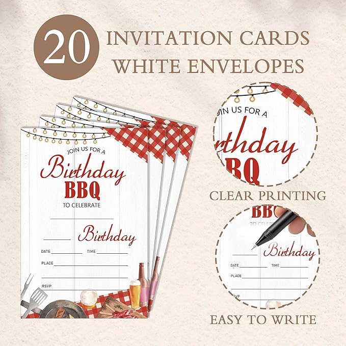 Eronm BBQ Birthday Party Invitation- 20 Pack Girls Birthday Invite with Envelopes- Summer Barbecue Theme Party Invitation Card for Girl- Double Sides Design- Party Decorations Supplies (4''x6'')-B14