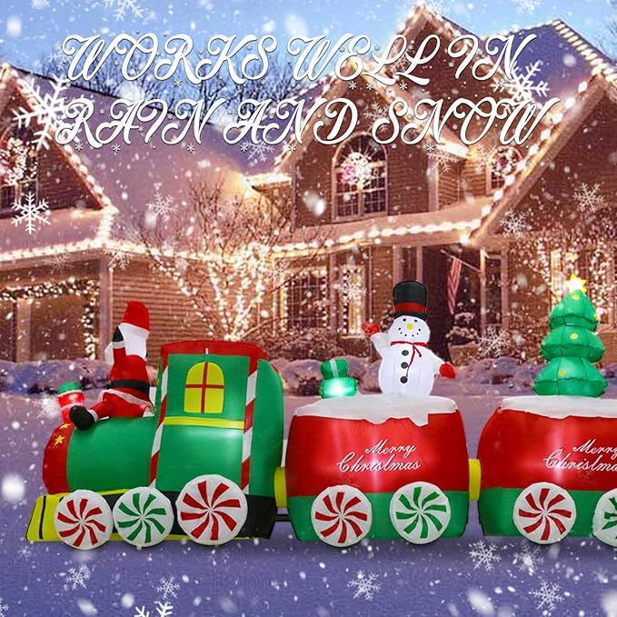 11 FT Christmas Inflatable Train Decoration with Santa Claus, Red & Green, Multicolor LED Lights, Weather Resistant