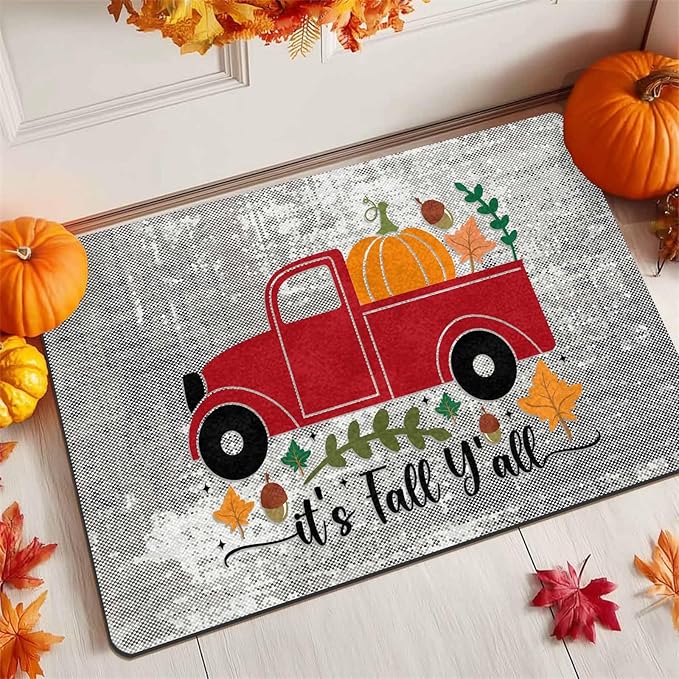 Fall Door Mat Outdoor for Front Door, Fall Decorations for Home Welcome Doormat Non-Slip Washable Autumn Pumpkins with Truck Doormat Entrance Rug for Indoor Outdoor, 30"x18"inch