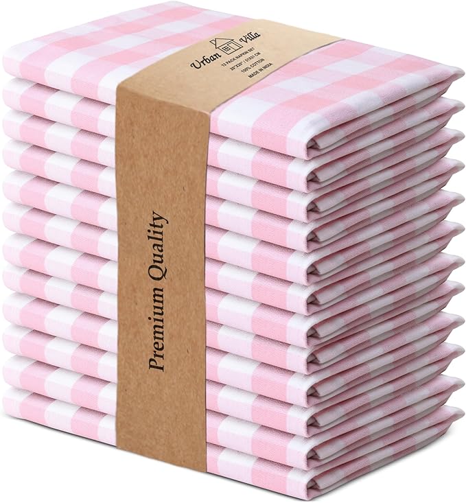 Urban Villa Cloth Napkins 100% Cotton Dinner Napkins Highly Absorbent 20x20 Inches (Set of 12) Pink White Buffalo Checks Reusable Washable Soft Durable Premium Napkins Ideal for Home Wedding Parties