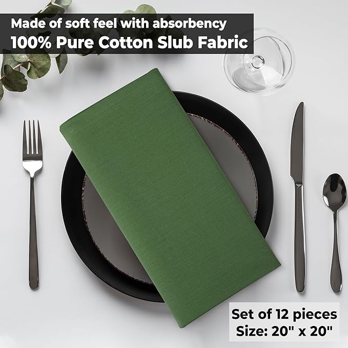 Urban Villa Easter Cloth Napkins 100% Cotton Slub Absorbent Dinner Napkins (Set of 12) Oversized 20x20 Inches Solid Green Color Soft Durable Reusable Washable Ideal for Everyday Use Wedding Parties