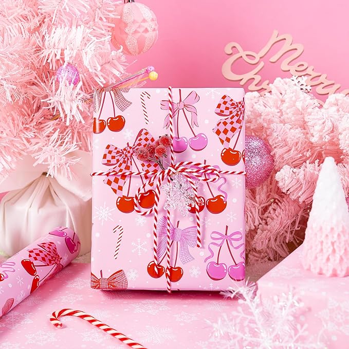 RUSPEPA Reversible Christmas Bow Wrapping Paper Roll, Mini Roll, Pink Romantic Cherry Bow and Candy Cane Design, White Snowflake Gift Wrap Paper for Girls, Women, Holiday Gifts, 17 Inches x 32.8 Feet
