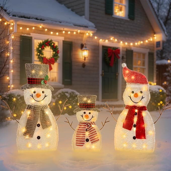 GENIMO 3-Piece 2D Outdoor Snowman Christmas Decorations Yard, 30 inch Pre Lit Snowman Family with 70 Led Lights Outside Indoor Holiday Lighted Christmas Decor for Lawn