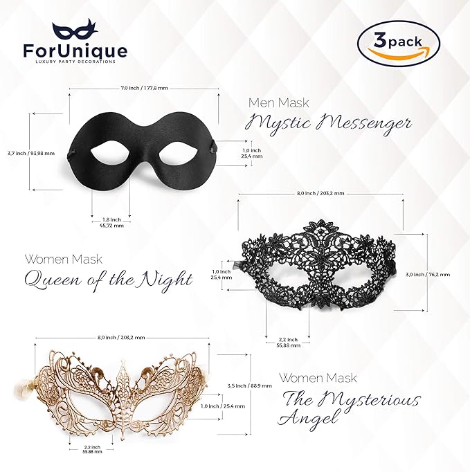 Masquerade Mask for Couples Women and Men - 3 Pack Venetian Gold and Black Lace, Mardi Gras Mask