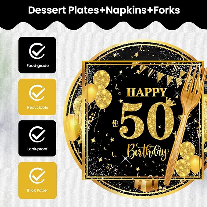 50th 7 inch Birthday Party Paper Plates and Napkins Forks 60 pcs Black Gold Decorations for Boys Girls Tableware Set for Birthday Anniversary Party Supplies,Serve 20