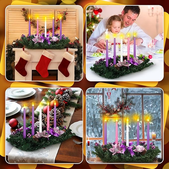 Tioncy 12 Inch Christmas Advent Wreath Candle Holder with 5 Flameless Candles Remote Control Wreaths Holder Centerpiece Decoration with Berries(Purple Poinsettia,11 x 0.8 x 0.8 in)