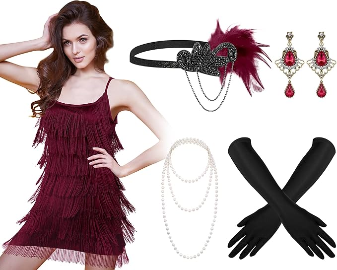 Zhanmai 6 Pcs Flapper Dress Flapper Costumes for Women 1920s Accessories Set Headband Pearl Necklace Earrings Gloves Stick