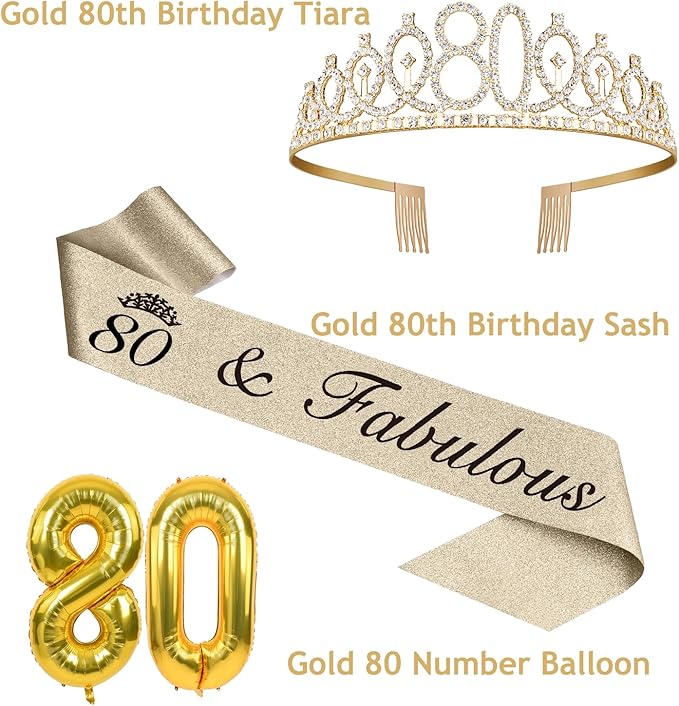 80th Birthday Decorations for Women Gold with 80th Birthday Sash and Tiara, Cake Topper and Candles, Number Balloons, 80 Year Old Gifts for Women