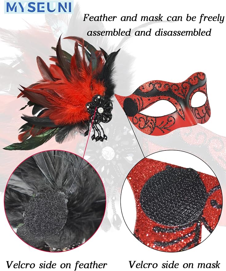 2025 New Masquerade Mask with Feather for Couples - Women's Masquerade Mask with Feather & Men Venetian Costume Mask